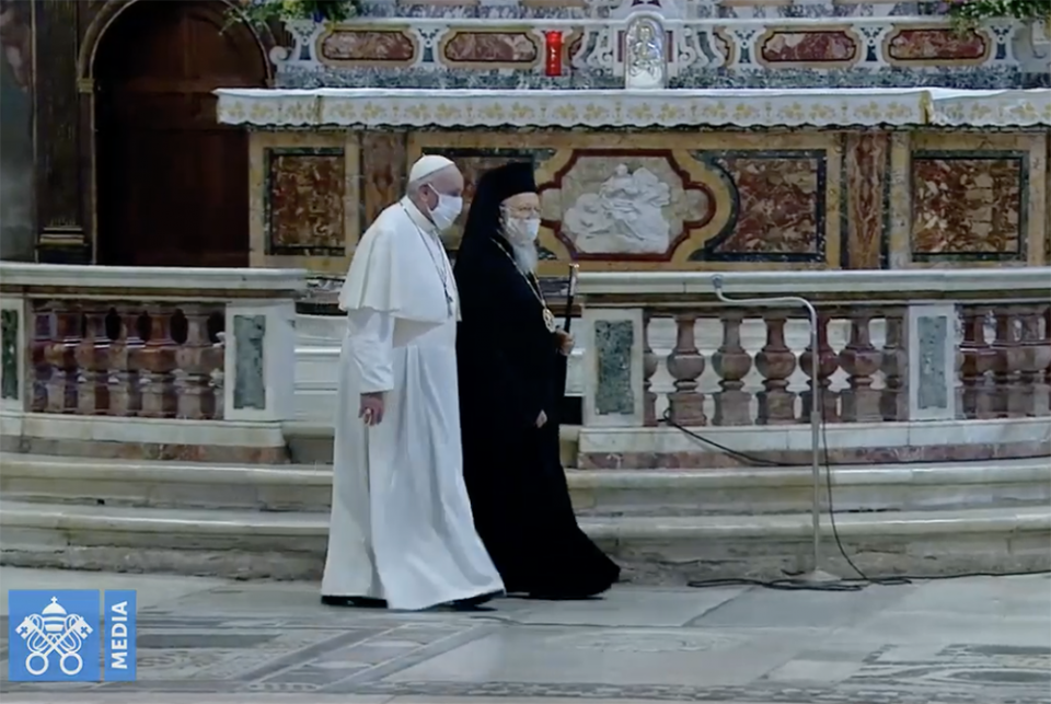 Pope Francis and Ecumenical Patriarch Bartholomew walk together at the end of the service Oct. 20 in Rome. (NCR screenshot/Vatican Media) Pope Francis and Ecumenical Patriarch Bartholomew walk together at the end of the service Oct. 20 in Rome. (NCR screenshot/Vatican Media)