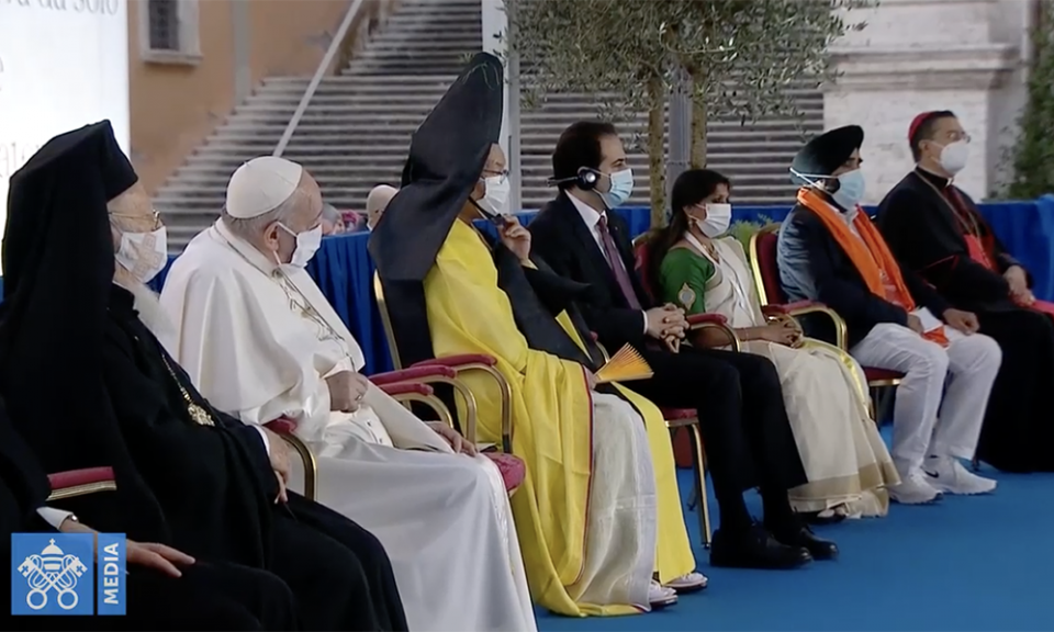 Pope Francis seated next to other religious leaders Oct. 20 in Rome. (NCR screenshot/Vatican Media) Pope Francis seated next to other religious leaders Oct. 20 in Rome. (NCR screenshot/Vatican Media)