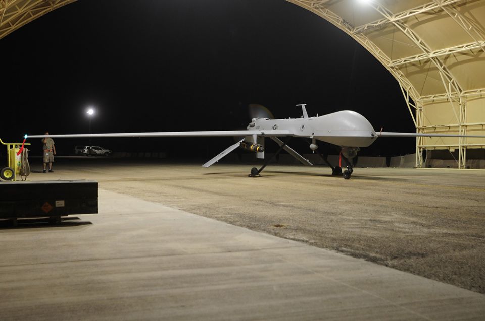 An MQ-1 Predator drone prepares to launch for a night flight mission over southeastern Iraq in July 2009. (Wikimedia Commons/U.S. Air Force/Airman 1st Class Tony Ritter) An MQ-1 Predator drone prepares to launch for a night flight mission over southeastern Iraq in July 2009. (Wikimedia Commons/U.S. Air Force/Airman 1st Class Tony Ritter)