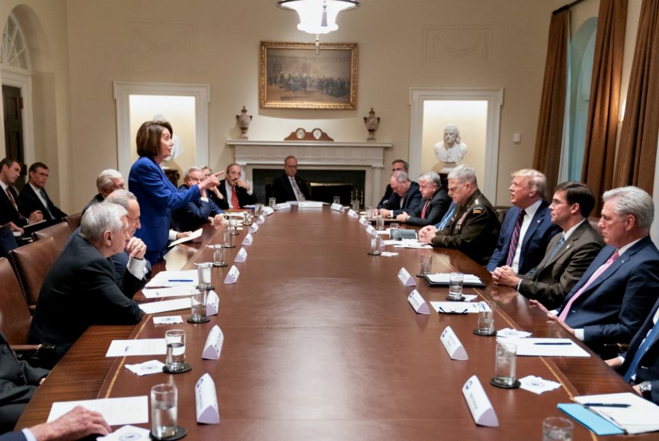 House Speaker Nancy Pelosi and congressional leadership meet with President Donald Trump Oct. 16 in the Cabinet Room of the White House. (Wikimedia Commons/Official White House photo/Shealah Craighead) House Speaker Nancy Pelosi and congressional leadership meet with President Donald Trump Oct. 16 in the Cabinet Room of the White House. (Wikimedia Commons/Official White House photo/Shealah Craighead)