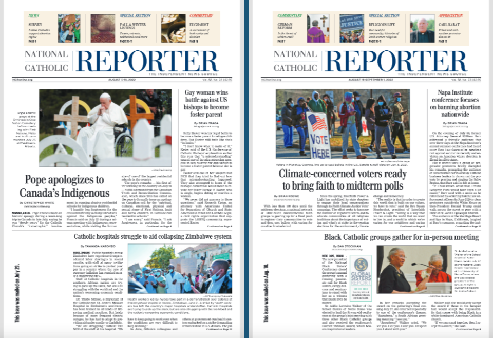 The front pages of two recent issues of the National Catholic Reporter (NCR graphic)