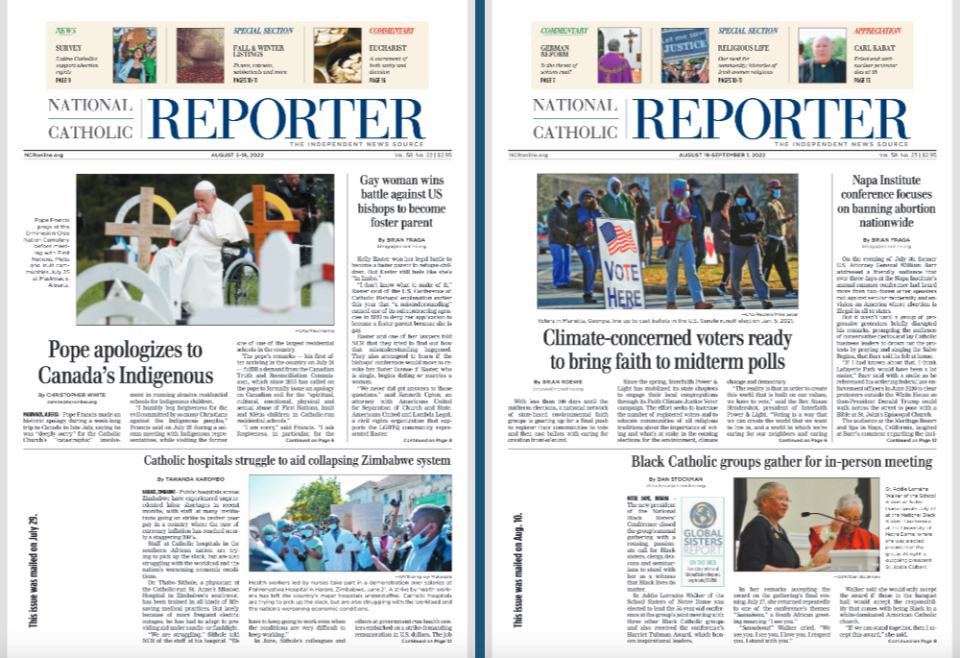 The front pages of two recent issues of the National Catholic Reporter (NCR graphic) The front pages of two recent issues of the National Catholic Reporter (NCR graphic)