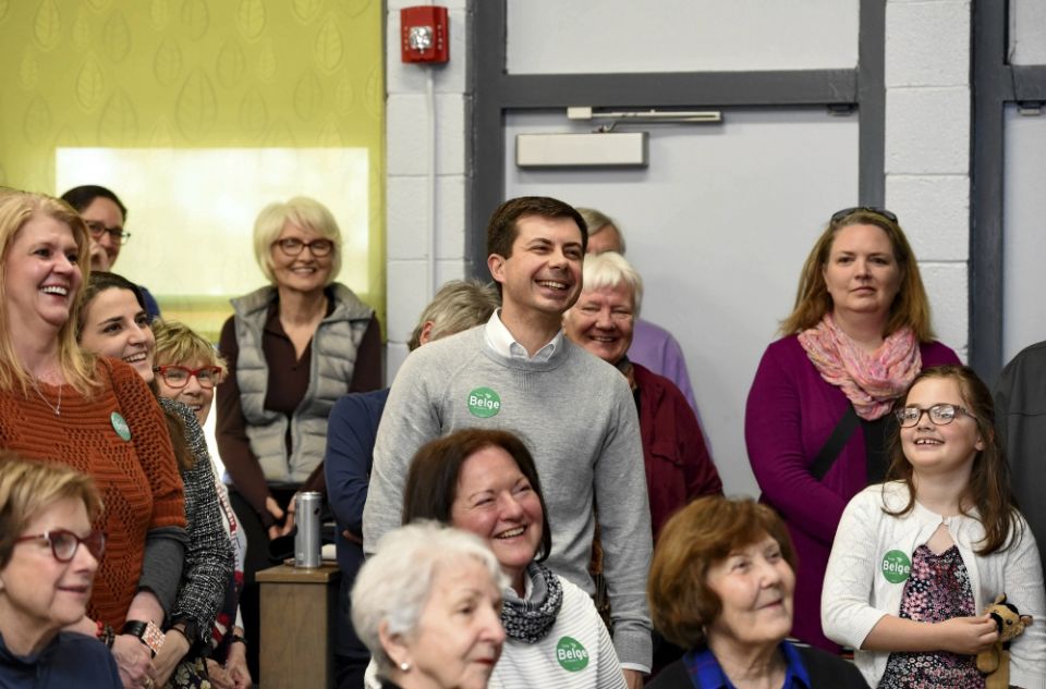 Mayor Pete Buttigieg of South Bend, Indiana, laughs before he speaks to a crowd about his presidential run during the Democratic monthly breakfast at the Circle of Friends Community Center March 23 in Greenville, South Carolina. (AP/Richard Shiro)