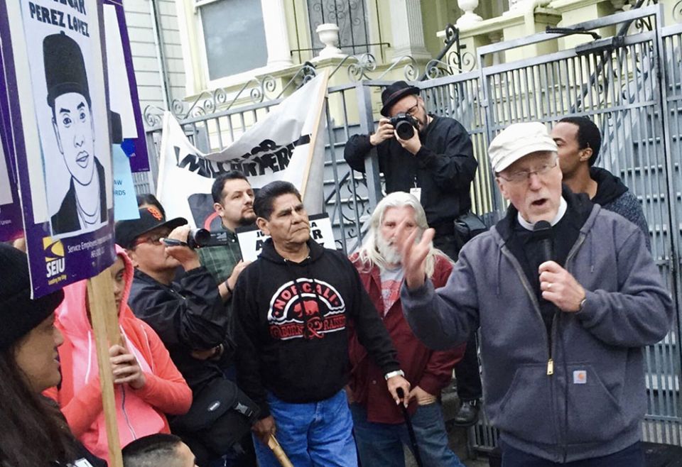 The Rev. Richard Smith speaks during a labor rally in San Francisco. (RNS/Courtesy photo)