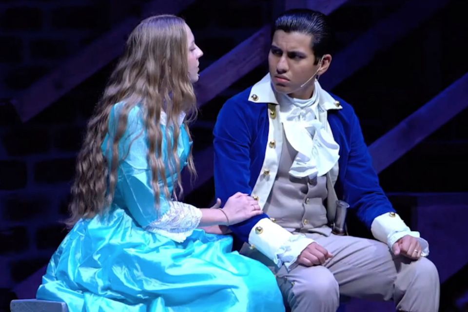 A scene between Alexander Hamilton and his wife, Eliza, in an unauthorized production of the musical "Hamilton," at The Door Church in McAllen, Texas. (RNS/screen grab)
