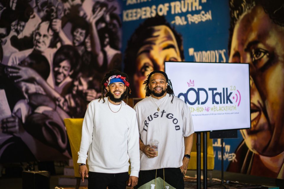 Dee-1, left, and Brandan "BMike" Odums pose during the filming of "gOD-Talk 2.0: Hip-Hop and #BlackFaith," in New Orleans. (Photo by Ashley Lorraine)