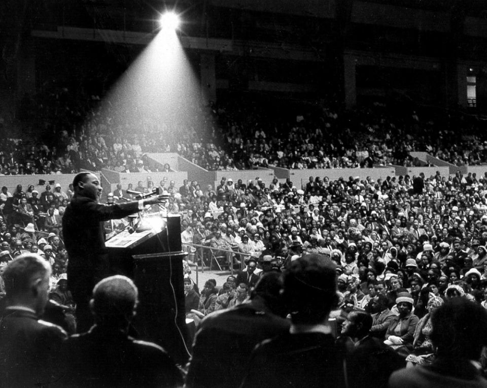 The Rev. Martin Luther King Jr. speaks at an interfaith civil rights rally at the Cow Palace in San Francisco on June 30, 1964. (Creative Commons/George Conklin)