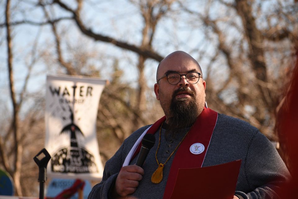 The Rev. Jim Bear Jacobs speaks during a rally March 11 in St. Paul, Minnesota, that was part of "Sacred People, Sacred Earth" events for increased climate action around the globe. (Minnesota Interfaith Power and Light)