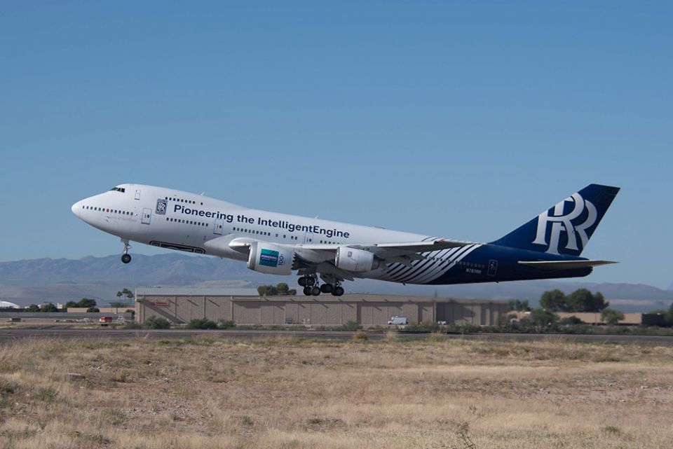 Rolls-Royce, working with Boeing and World Energy, carries out a successful test flight of its 747 Flying Testbed aircraft using 100% sustainable aviation fuel. (Courtesy of Rolls-Royce)