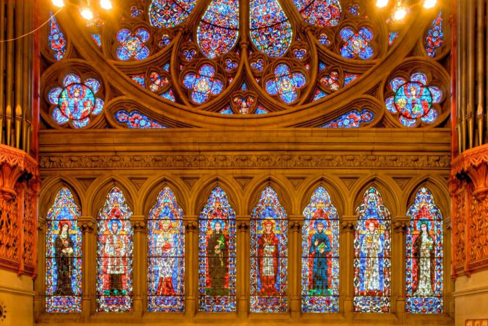 Stained glass windows are seen in the interior of the Cathedral Basilica of the Sacred Heart in Newark, New Jersey. (Wikimedia Commons/Bestbudbrian)