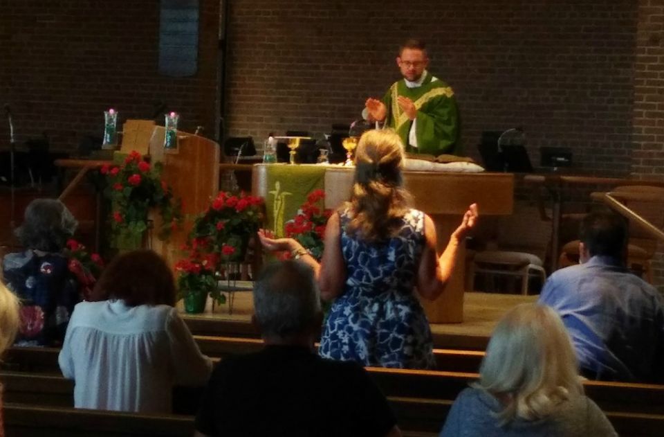 There were about 50 worshippers at a recent Sunday morning Mass at St. John Fisher Chapel University Parish in the Detroit suburb of Auburn Hills. (Matt Jachman)