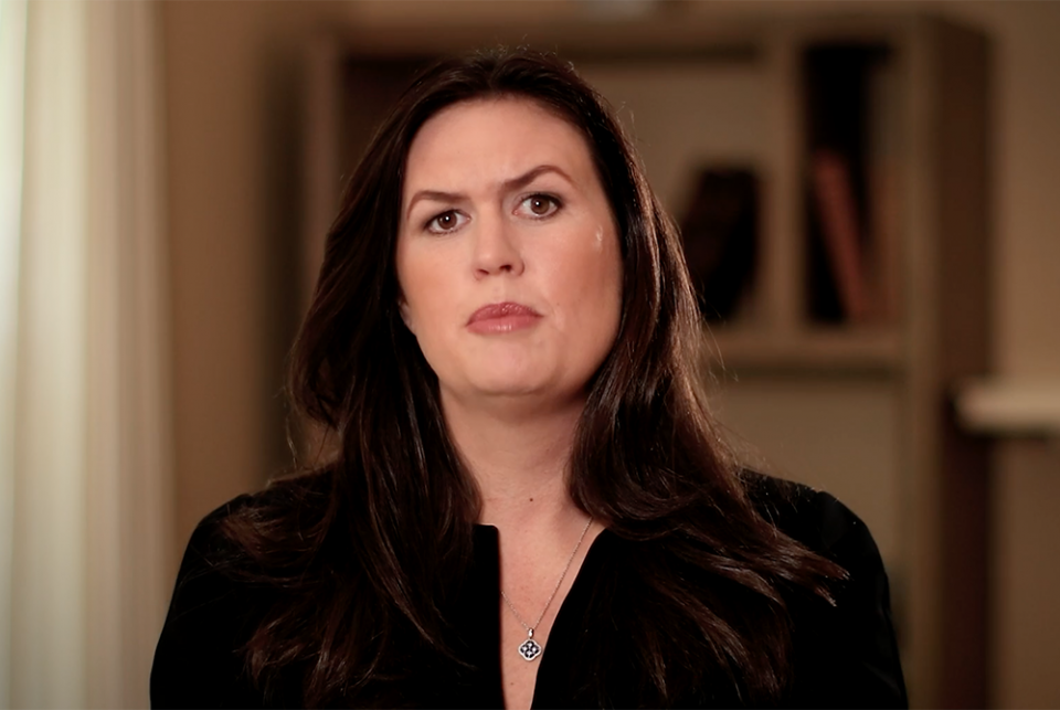 Sarah Huckabee Sanders gives a keynote address during the "We Are Not Giving Up On Life" virtual fundraising event for Right to Life of Michigan (NCR screenshot/Notgivinguponlife.org)
