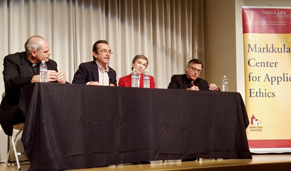 Thomas Plante, second from left, speaks during an Oct. 9 panel discussion titled "The Catholic Church and the Catastrophe of Clergy Sexual Abuse," at Santa Clara University in California. (NCR photo/Dan Morris-Young)