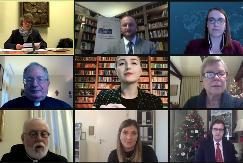 Participants at the Vatican's Dec. 16 webinar on nuclear disarmament are seen in this screenshot. (NCR screenshot/YouTube/Vatican News)