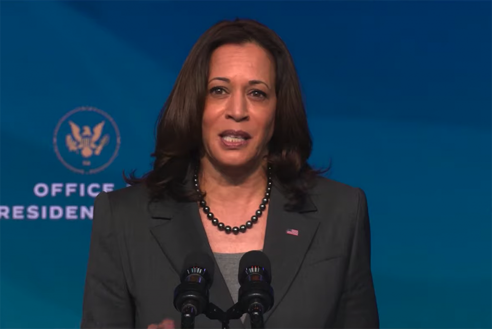Vice President-elect Kamala Harris speaks during the introduction of President-elect Joe Biden's climate team appointees Dec. 19 in Wilmington, Delaware. (NCR screenshot/YouTube/Joe Biden) Vice President-elect Kamala Harris speaks during the introduction of President-elect Joe Biden's climate team appointees Dec. 19 in Wilmington, Delaware. (NCR screenshot/YouTube/Joe Biden)