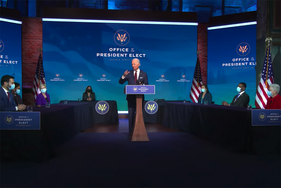 President-elect Joe Biden speaks during the introduction of his climate team appointees Dec. 19 in Wilmington, Delaware (NCR screenshot/YouTube/Joe Biden)