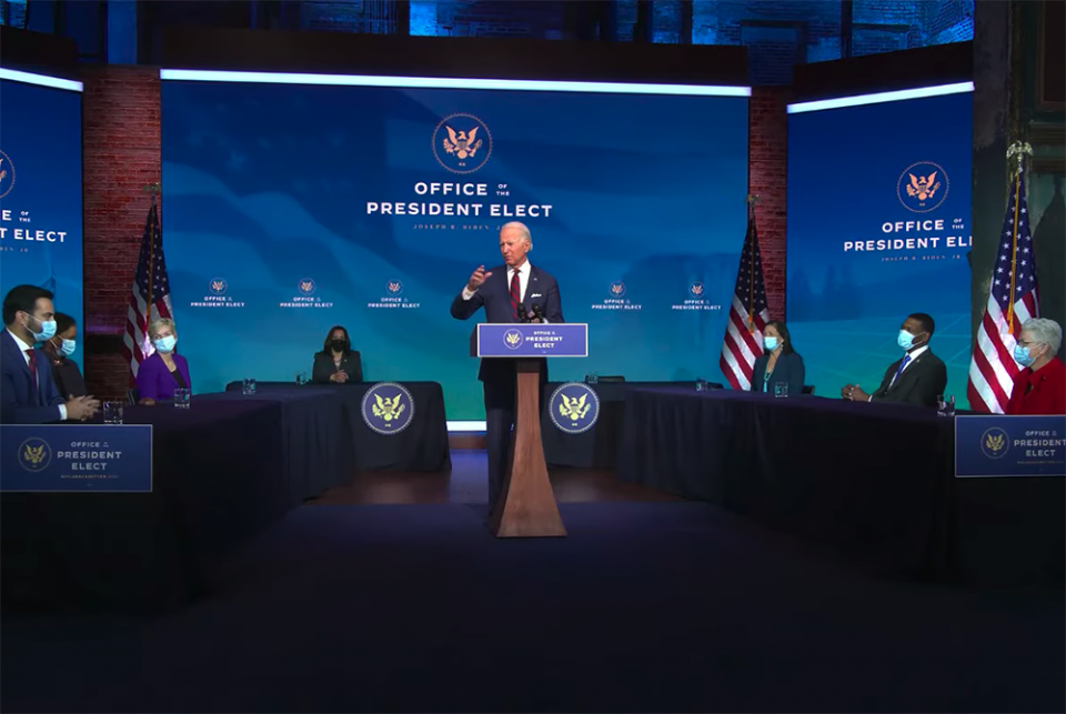 President-elect Joe Biden speaks during the introduction of his climate team appointees Dec. 19 in Wilmington, Delaware (NCR screenshot/YouTube/Joe Biden) President-elect Joe Biden speaks during the introduction of his climate team appointees Dec. 19 in Wilmington, Delaware (NCR screenshot/YouTube/Joe Biden)