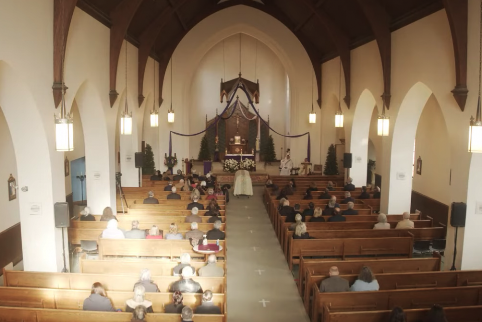 The funeral Mass for Phil Saviano, Dec 3 at St. Denis Catholic Church in Douglas, Massachusetts (NCR screenshot/YouTube/Phil Saviano Channel)