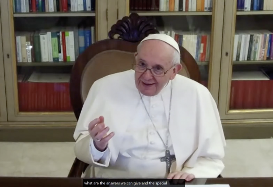 Pope Francis speaks during a virtual dialogue with Catholic university students from across the Americas Feb. 24. (NCR screenshot/YouTube)