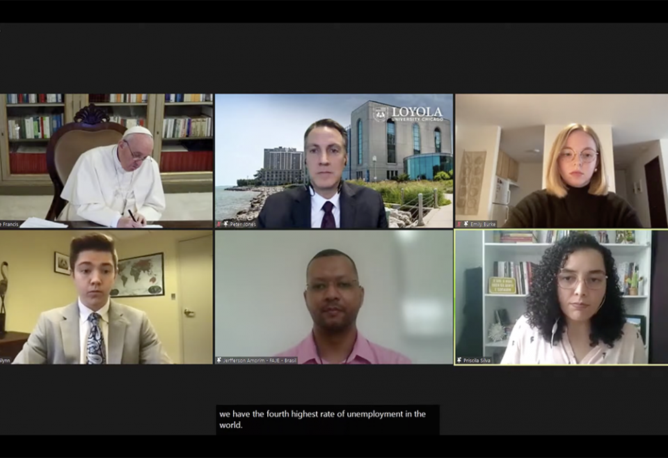 Pope Francis listens to Catholic university students during a virtual dialogue Feb. 24, which Loyola University Chicago hosted in collaboration with Catholic universities and colleges in North, Central and South America, as well as the Caribbean. (NCR)