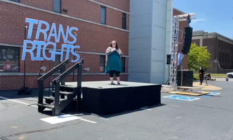 Meli Barber, vice president of DignityUSA, opens the July 11 Rally for Equality Caravan in Indianapolis. (Screenshot from Facebook/Shelly's Voice)