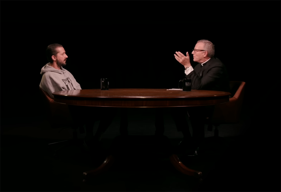 Actor Shia LaBeouf speaks with Bishop Robert Barron of the Diocese of Winona-Rochester, Minnesota, during "Bishop Barron Presents." (YouTube screenshot/Bishop Robert Barron) Actor Shia LaBeouf speaks with Bishop Robert Barron of the Diocese of Winona-Rochester, Minnesota, during "Bishop Barron Presents." (YouTube screenshot/Bishop Robert Barron)