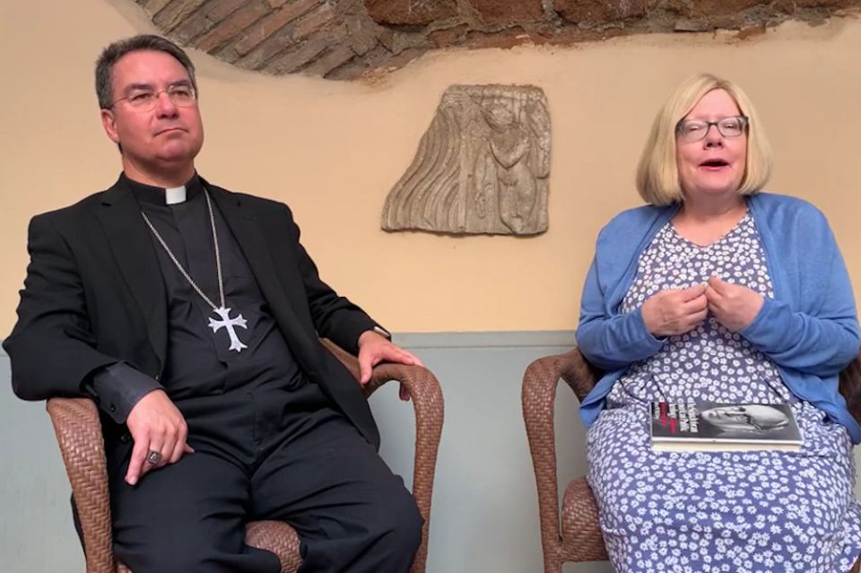 San Jose Bishop Oscar Cantú and theologian Cathleen Kaveny (NCR screenshot/YouTube)