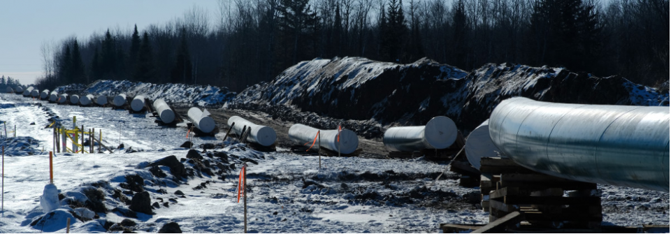 Sections of pipe await placement near Grand Rapids, Minnesota, for the Enbridge Line 3 project. (Photo by Mary Annette Pember, Indian Country Today)