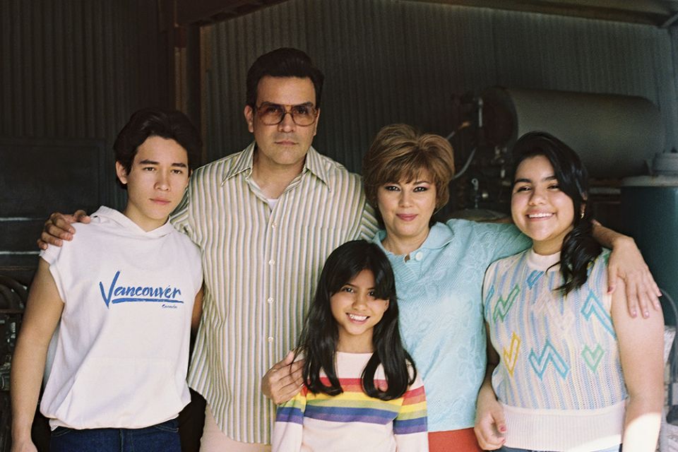 The Quintanilla family as portrayed in "Selena: The Series," from left: Juan Martinez as young A.B., Ricardo Chavira as Abraham, Madison Taylor Baez as young Selena, Seidy Lopez as Marcella and Daniela Estrada as young Suzette. (Netflix/Sara Khalid)