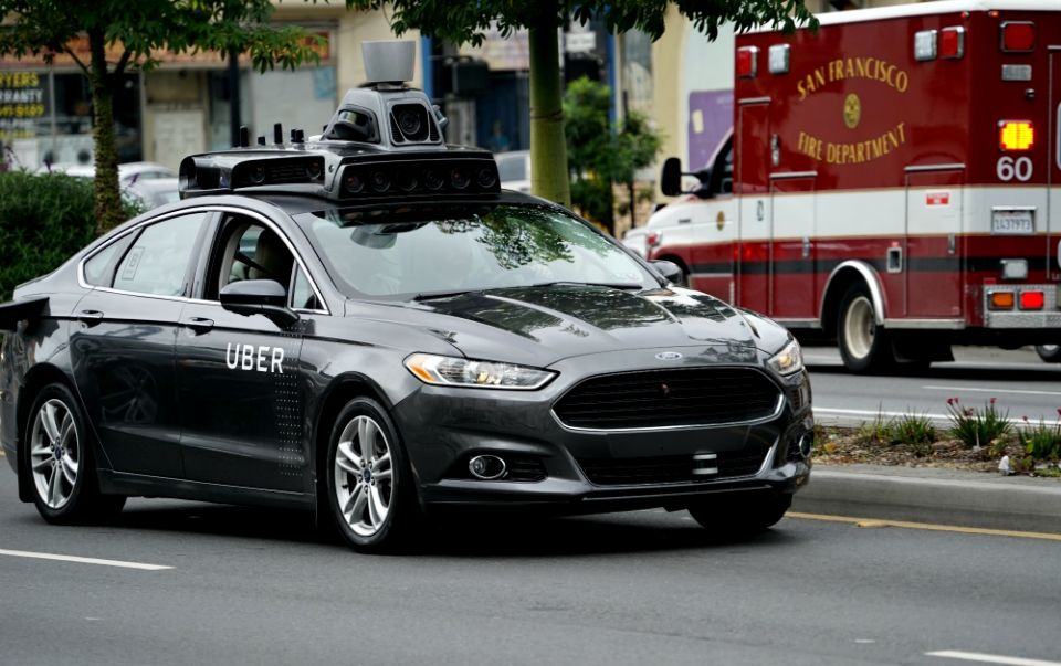 An Uber autonomous vehicle prototype is spotted in San Francisco in November 2016. (Wikimedia Commons/Dllu)