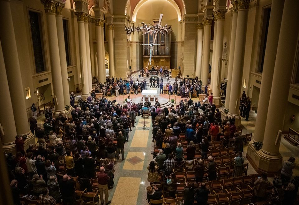 Raven Chacon's "Voiceless Mass" is performed for Present Music's annual Thanksgiving concert at the Cathedral of St. John the Evangelist Nov. 21, 2021, in Milwaukee, Wisconsin. (Courtesy of Samer Ghani) Raven Chacon's "Voiceless Mass" is performed for Present Music's annual Thanksgiving concert at the Cathedral of St. John the Evangelist Nov. 21, 2021, in Milwaukee, Wisconsin. (Courtesy of Samer Ghani)
