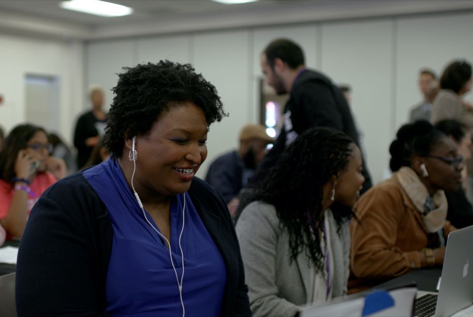 Stacey Abrams works a phone bank in "All In: The Fight for Democracy." (Amazon Studios) Stacey Abrams works a phone bank in "All In: The Fight for Democracy." (Amazon Studios)