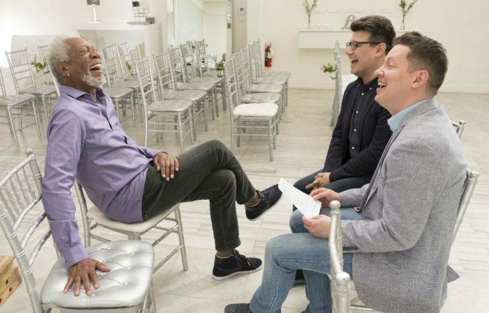 Morgan Freeman laughs with Russian couple Oleg Dusaev and Dmitry Stepanov in "The Story of Us." (National Geographic/Justin Lubin) Morgan Freeman laughs with Russian couple Oleg Dusaev and Dmitry Stepanov in "The Story of Us." (National Geographic/Justin Lubin)