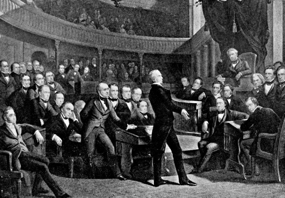 A 1900 illustration depicts the U.S. Senate in 1850, as Sen. Henry Clay delivers a speech. Seated in the second row behind him is Daniel Webster, and on the far right is John Calhoun. (Wikimedia Commons) A 1900 illustration depicts the U.S. Senate in 1850, as Sen. Henry Clay delivers a speech. Seated in the second row behind him is Daniel Webster, and on the far right is John Calhoun.