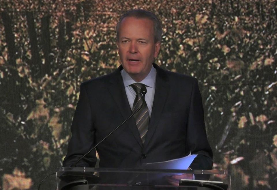 Tim Bush, co-founder and chairman of the Board of the Napa Institute, welcomes attendees to his opening remarks at the Napa Institute's annual summer conference on July 28.  (NCR screenshot)