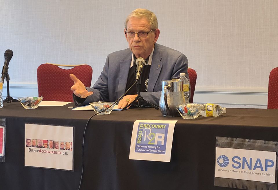 Tom Doyle, who sacrificed a once-promising clerical career to become an outspoken advocate for clergy sex abuse survivors, speaks during a June 4 conference in Quincy, Massachusetts. (NCR/Brian Fraga)