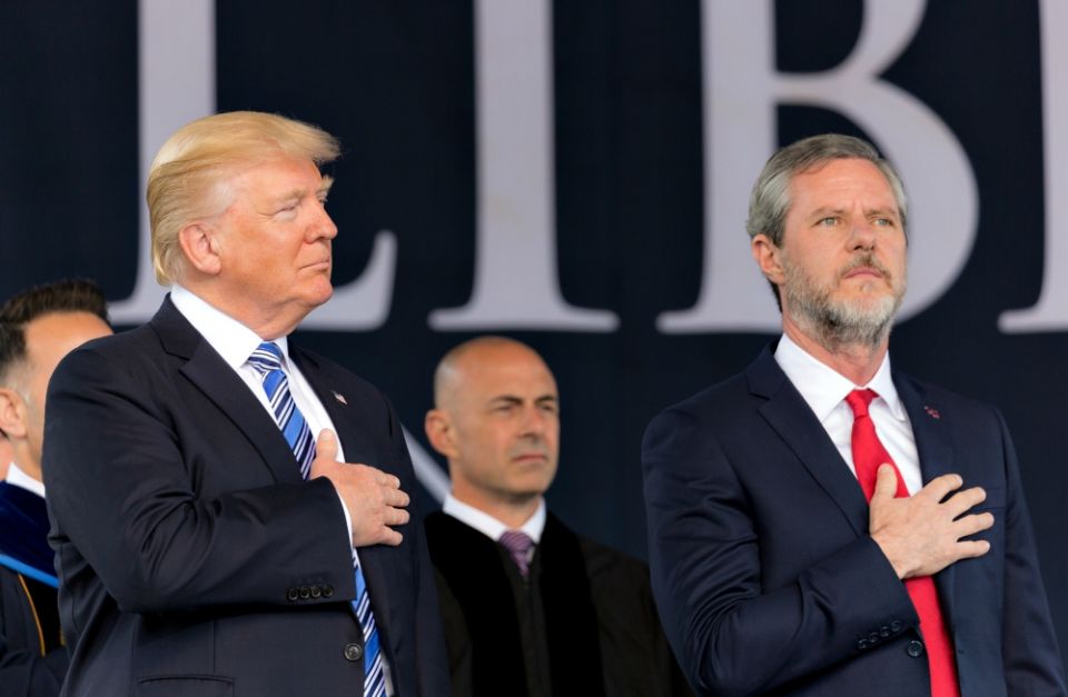 President Donald Trump and Jerry Falwell Jr. are seen at the evangelical Liberty University's 2017 commencement. (Wikimedia Commons/White House/Shealah Craighead) President Donald Trump and Jerry Falwell Jr. are seen at the evangelical Liberty University's 2017 commencement. (Wikimedia Commons/White House/Shealah Craighead)