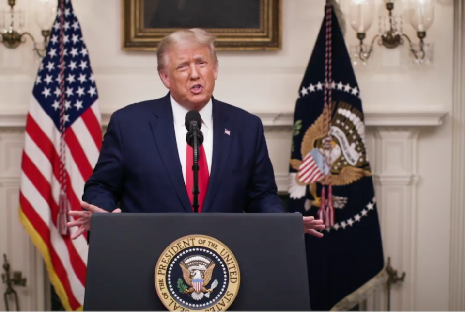President Donald Trump addresses the Sept. 23 National Catholic Prayer Breakfast in a prerecorded video from the White House at the close of the livestreamed event. (NCR screenshot)