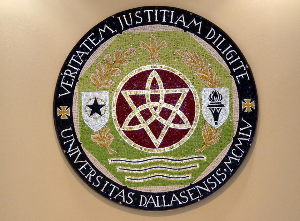 A mosaic of the seal of the University of Dallas is seen in the Haggar Student Center in Irving, Texas. (Wikimedia Commons/Wissembourg)