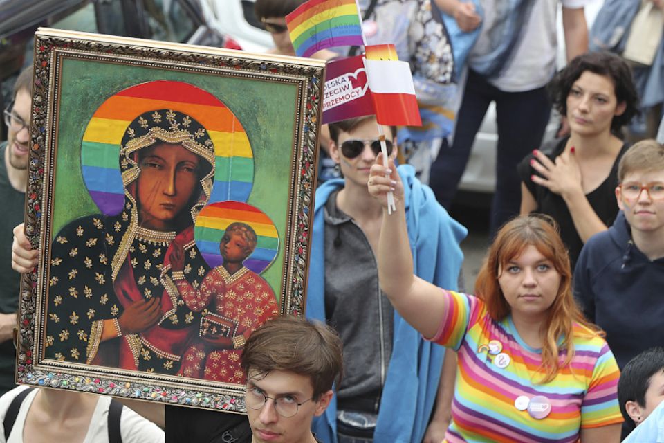 LGBTQ activists and supporters gather for the first-ever pride parade in the central city of Plock, Poland, on Aug. 10, 2019. (AP/Czarek Sokolowski)