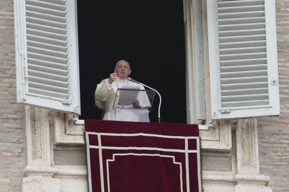 Pope Francis delivers the Angelus noon prayer from his studio window overlooking St. Peter's Square, at the Vatican, Sunday, Feb. 20, 2022. (AP Photo/Gregorio Borgia) Pope Francis delivers the Angelus noon prayer from his studio window overlooking St. Peter's Square, at the Vatican, Sunday, Feb. 20, 2022. (AP Photo/Gregorio Borgia)
