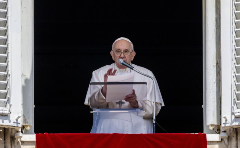 Pope Francis addresses the faithful gathered in St. Peter's Square at The Vatican, Sunday, Aug. 21, 2022, during his traditional Sunday noon appearance.