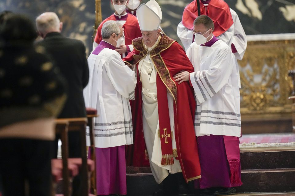 Pope Francis leaves after he presided over the funeral of Cardinal Javier Lozano Barragan, in St.Peter's Basilica at the Vatican, Monday, April 25, 2022. (AP Photo/Andrew Medichini) Pope Francis leaves after he presided over the funeral of Cardinal Javier Lozano Barragan, in St.Peter's Basilica at the Vatican, Monday, April 25, 2022. (AP Photo/Andrew Medichini)