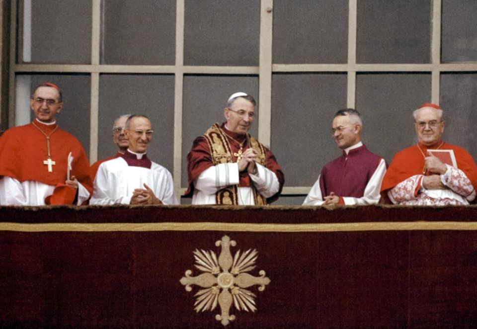In this Saturday, Aug. 26, 1978 file photo, Pope John Paul I smiles as he appears at the central lodge of St. Peter's Basilica at The Vatican soon after his election.
