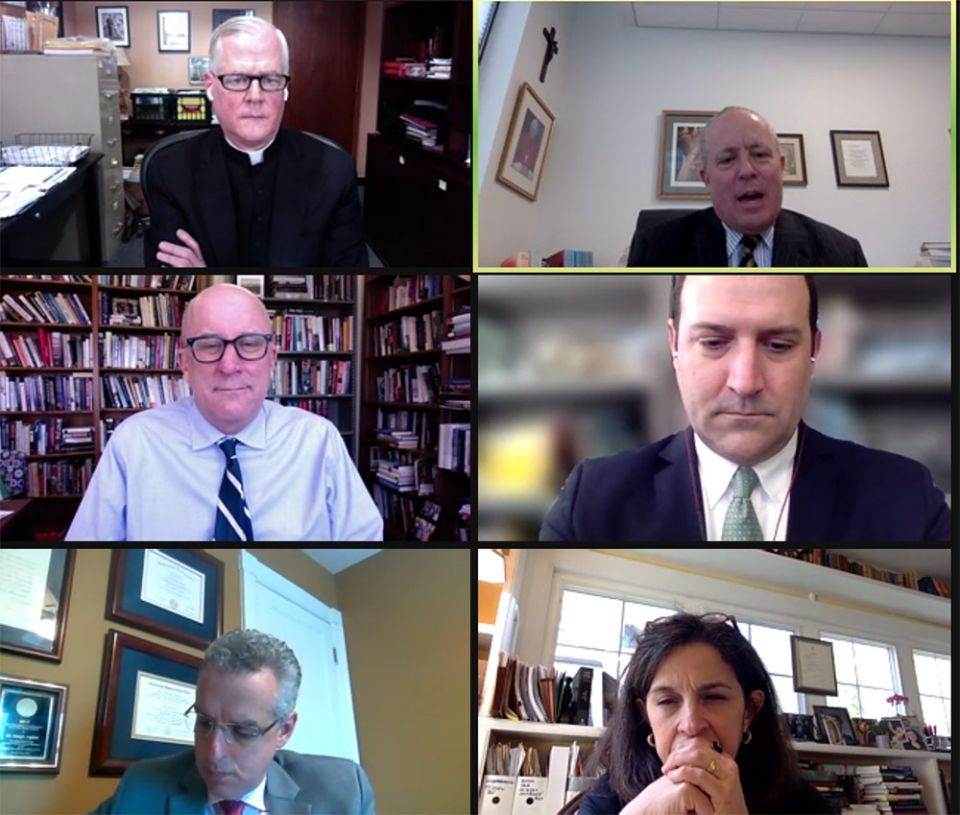 Clockwise from top left: Fr. Gerald Murray, Patrick Brennan, Stephen White, Helen Alvaré, Joe Capizzi and John McGreevy discuss President Joe Biden's Catholicism during "Taking Measure of the 'Biden Effect': American Catholics and the President" Clockwise from top left: Fr. Gerald Murray, Patrick Brennan, Stephen White, Helen Alvaré, Joe Capizzi and John McGreevy discuss President Joe Biden's Catholicism during "Taking Measure of the 'Biden Effect': American Catholics and the President"