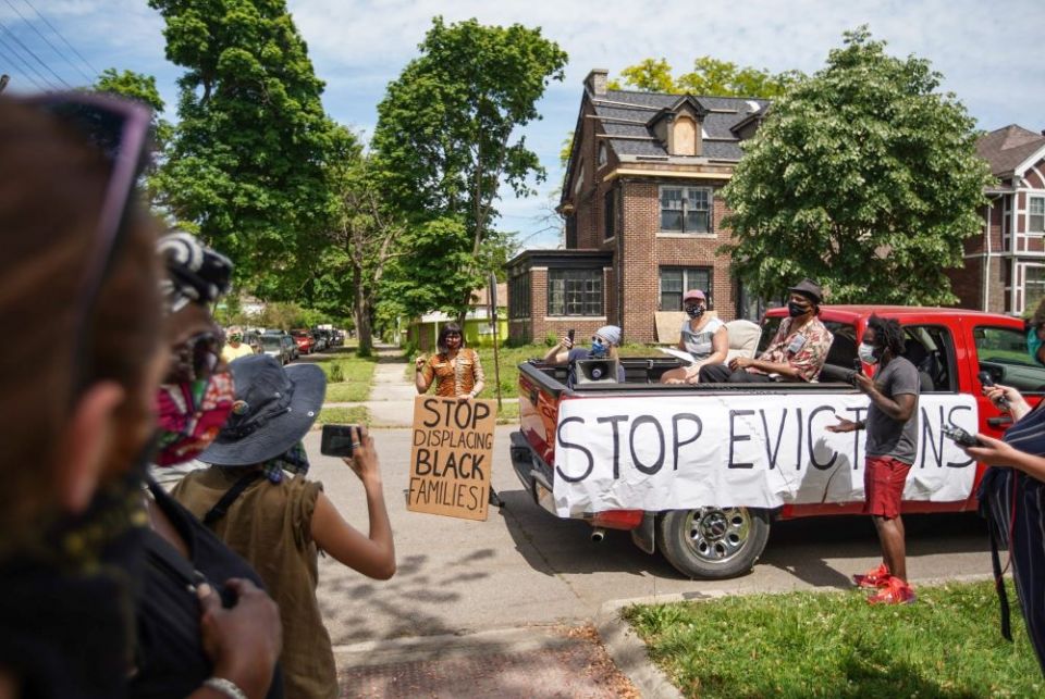 Tristan Taylor of Detroit speaks to people gathered June 9, 2020, during a caravan protest through Detroit neighborhoods while calling for relief for tenants and mortgage borrowers during the coronavirus pandemic. (CNS/USA Today Network via Reuters/Ryan G