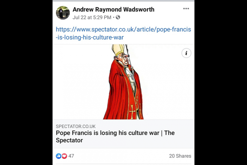 Wadsworth Spectator screenshot A posting on Msgr. Andrew Wadsworth's Facebook page sharing a critical Spectator essay that features a political cartoon version of a haughty-looking Pope Francis. (NCR screenshot)