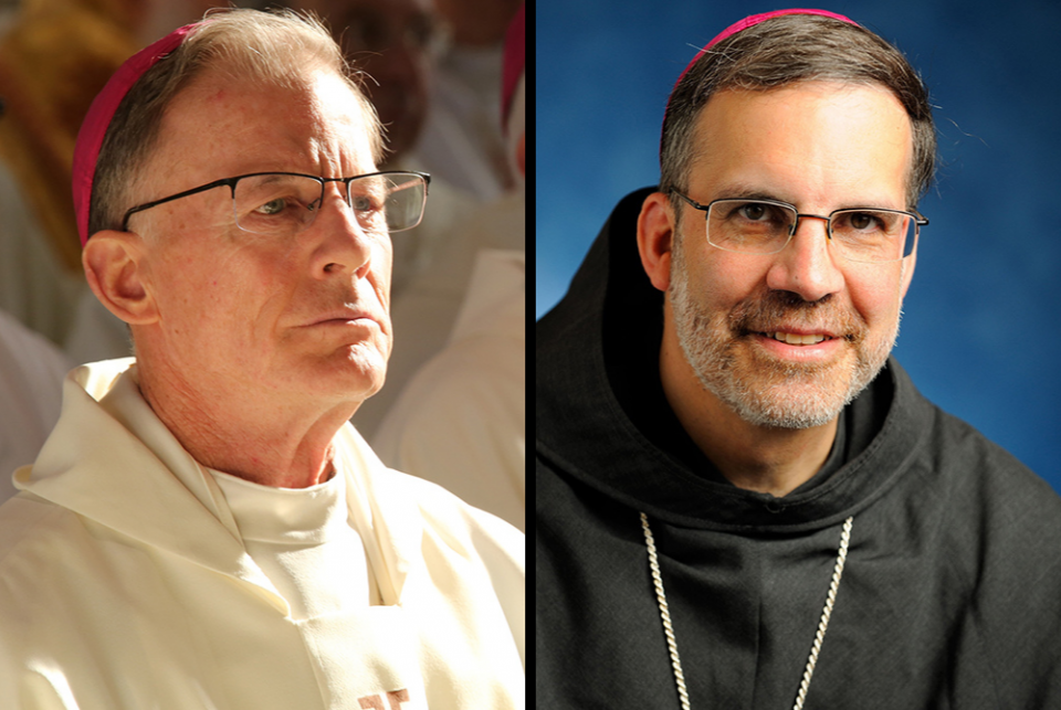 Santa Fe Archbishop John Wester, left, in a 2019 photo; Bishop John Stowe of Lexington, Kentucky, in a 2015 photo (CNS/Bob Roller; Stowe photo courtesy of Diocese of Lexington)