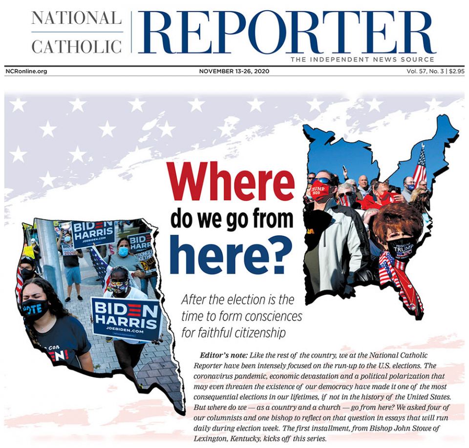 NCR art director Toni-Ann Ortiz won first place for her graphic design for the post-election series "Where do we go from here?" in National Catholic Reporter's Nov. 13-26, 2020, print issue. (NCR graphic) NCR art director Toni-Ann Ortiz won first place for her graphic design for the post-election series "Where do we go from here?" in National Catholic Reporter's Nov. 13-26, 2020, print issue. (NCR graphic)