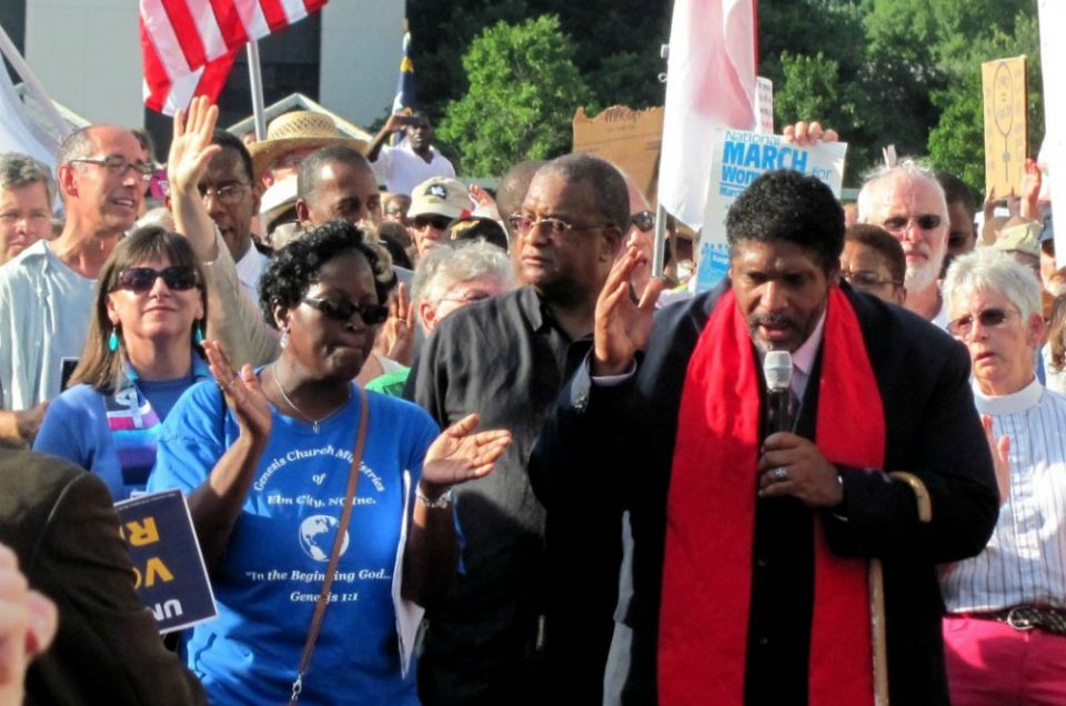 In this 2013 file photo, the Rev. William Barber speaks at a Moral Mondays rally in North Carolina. (Wikimedia Commons/twbuckner)